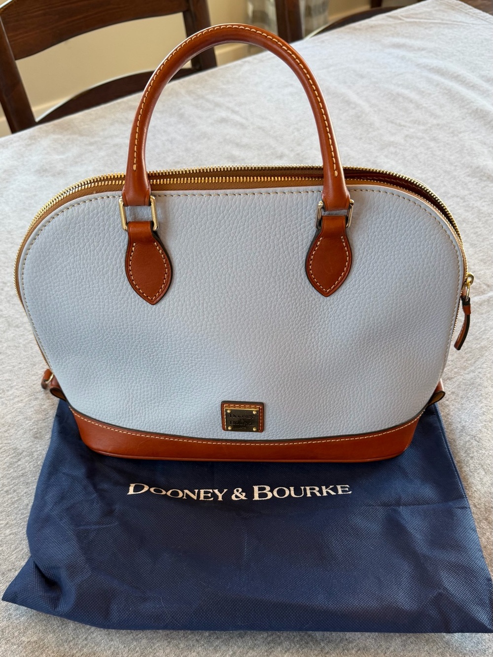 Dooney & Bourke White Pebbled Leather Satchel with Brown Trim